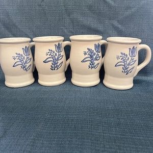 4 Pfaltzgraff Yorktowne Stoneware MUGS Blue Floral 282Y Barrel-Footed Tulip